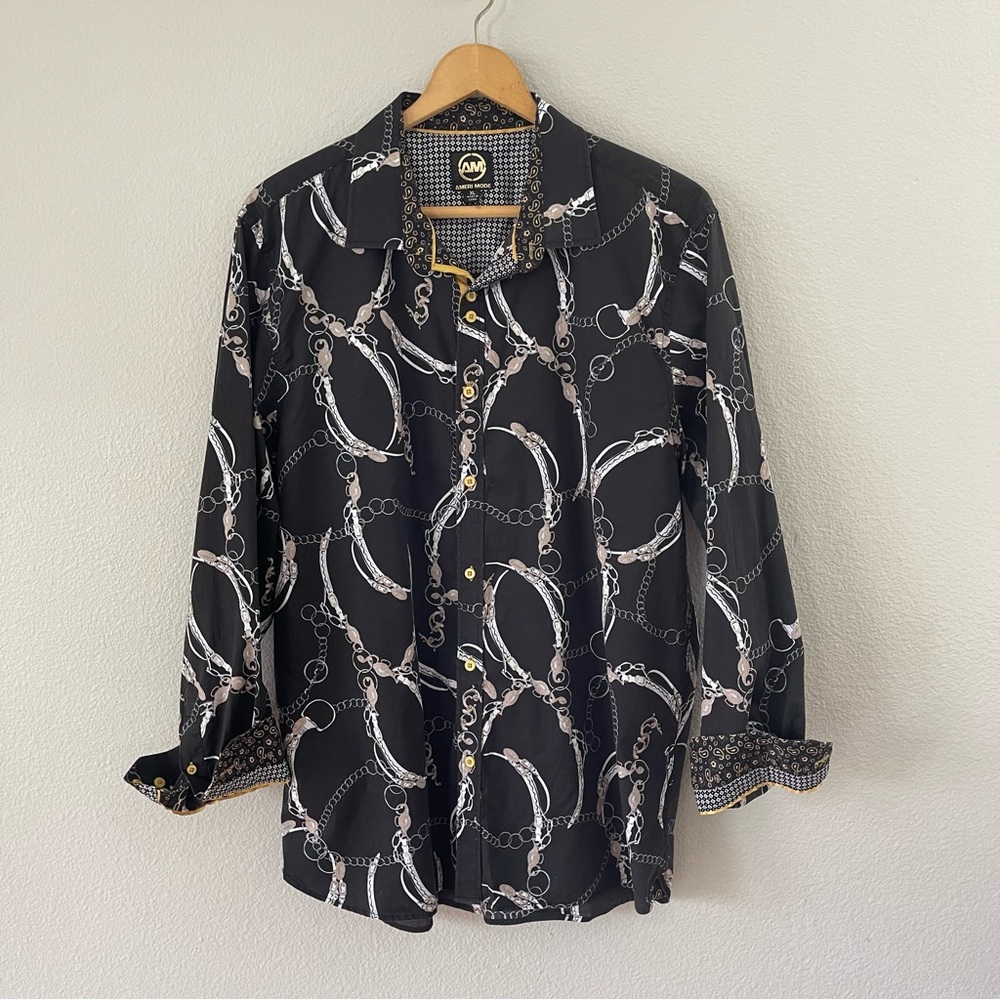 Ameri Mode Chains Brown Button Down Shirt Size Xl - image 1